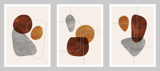 Trendy contemporary set of abstract art, creative minimalist hand painted watercolor compositions for wall decoration, postcard or brochure cover design in vintage style art.  
EPS10 vector.

