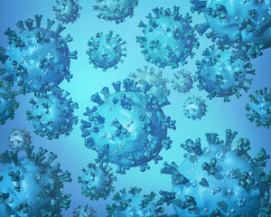 Blue background showing an abstract visual representation of SARS-CoV-2 virus particles that causes COVID-19 disease. 3D rendered illustration 