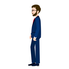 A person in profile. The man in the suit is standing sideways. Vector image of a person for animation. Editable strokes. All the details are on separate layers with names.
