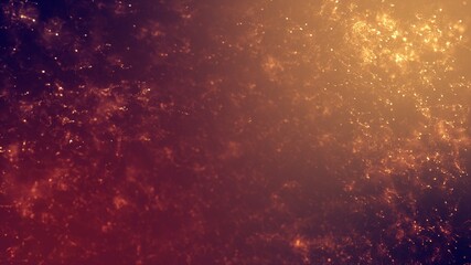 3D illustration of golden sparkling effervescent bubble pearls with selective focus. Abstract banner background of shining gold particles on orange gradient with shimmering glittering bokeh particles.