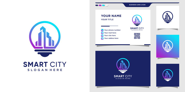 Building logo with bulb concept and business card design. Inspiration, illustration smart city logo Premium Vector