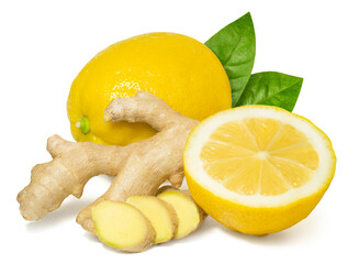Fresh fragrant healthy ginger and lemon isolated on white background