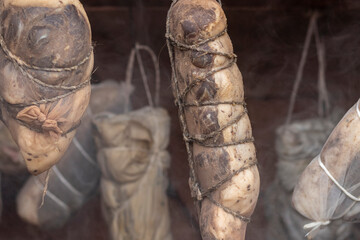 Street lighting. smokehouse for small - sized products made of wood. In it, meat is cooked in a special way with the help of smoke and heat.