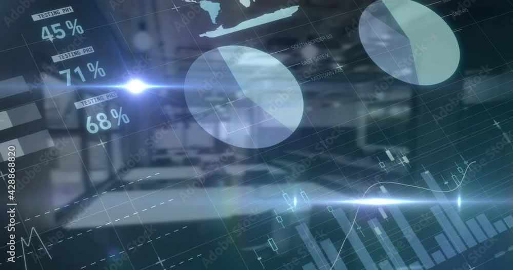 Aufkleber financial data processing over world map against empty office in background