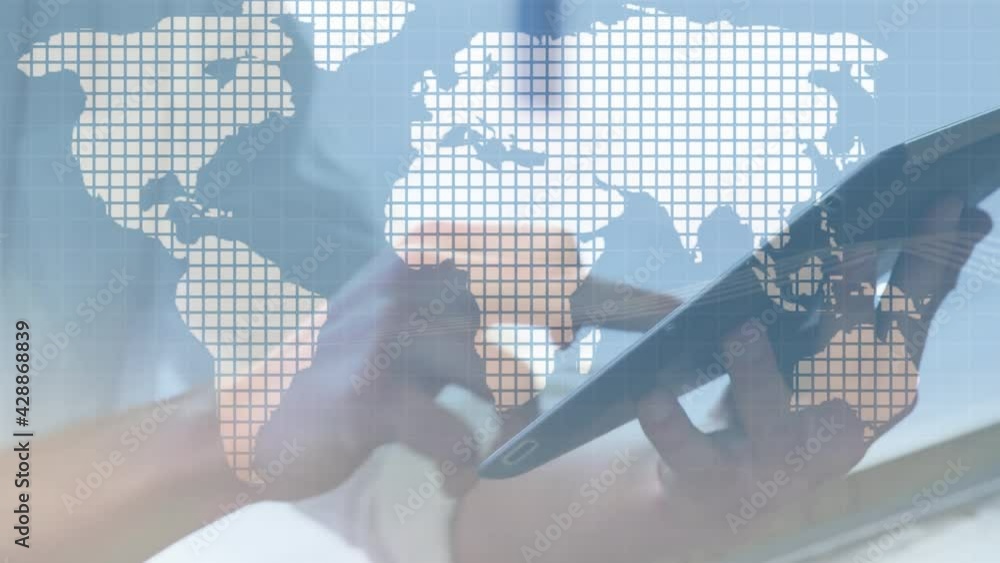 Poster grid network over world map against mid section of person using digital tablet
