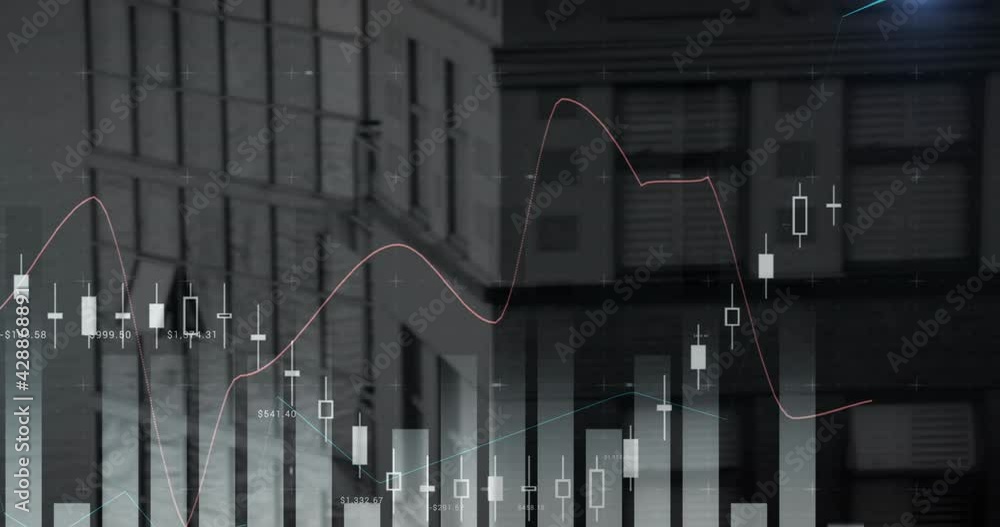 Poster digital composition of financial data processing against tall buildings in background