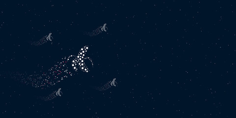 A peeled banana symbol filled with dots flies through the stars leaving a trail behind. There are four small symbols around. Vector illustration on dark blue background with stars