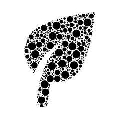 A large leaf symbol in the center made in pointillism style. The center symbol is filled with black circles of various sizes. Vector illustration on white background