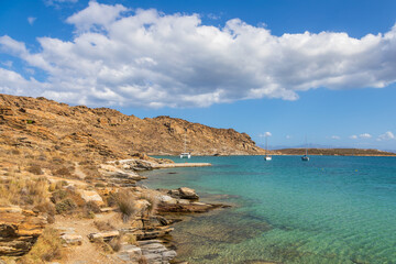 View of the rocky coast at Monasteri Beach. Paros Island, Greece.