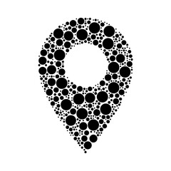 A large location symbol in the center made in pointillism style. The center symbol is filled with black circles of various sizes. Vector illustration on white background