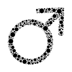 A large mars symbol in the center made in pointillism style. The center symbol is filled with black circles of various sizes. Vector illustration on white background