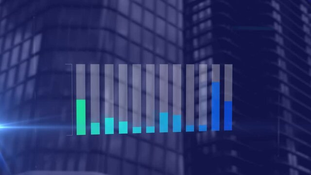 Spot of light over statistical data processing against tall buildings in background