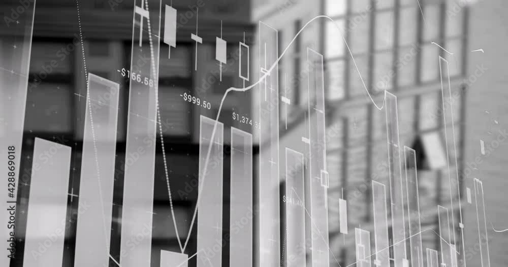 Poster financial and statistical data processing against tall buildings in background