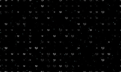 Seamless background pattern of evenly spaced white zodiac ophiuchus symbols of different sizes and opacity. Vector illustration on black background with stars