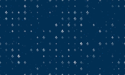 Seamless background pattern of evenly spaced white sprout symbols of different sizes and opacity. Vector illustration on dark blue background with stars