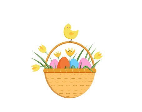 Happy easter illustration with cute chick. Colorful eggs and yellow tulips in a busket