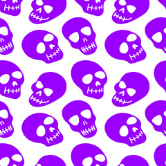 The pattern of the skull. Purple skulls on a white background.Vector illustration. Bright and fashionable design for Halloween, Day of the dead, tattoos, prints, poster