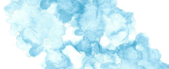 Blue and white watercolor background with abstract blotches and color splash wash design with grain watercolor paper texture