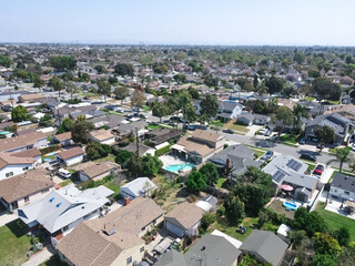 Fototapeta na wymiar Aerial view of Lakewood middle class neighborhood, city in Los Angeles County, California, United States.