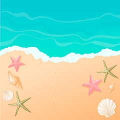 Fototapeta na wymiar Vector cartoon background with gradient. Top view of the sunny beach by the sea or ocean. Sunny landscape. Shells of different shapes and starfish on the sand. Holidays decoration