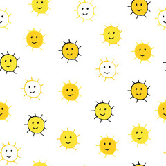 Seamless pattern of yellow and orange smiling happy suns. Hand-drawn doodle pattern on white background