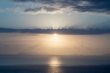 Sunset over the landscape of Santorini island in Greece.