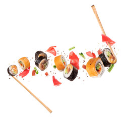 Fresh sushi rolls with ingredients in the air, isolated on white background