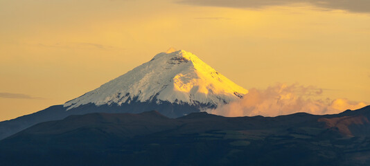 Volcanic activity of Cotopaxi volcano at sunset with fumarole, Quito, Cotopaxi national park,...