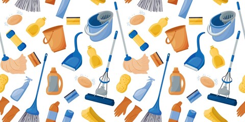 Collection of tools for cleaning the house. Seamless pattern. Cleaning company. Vector illustration.