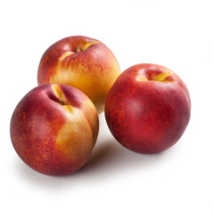 Nectarines in Group of Three – Bunch of Glossy-Skinned, Smooth Peach Variety, Red and Yellow – Detailed Close-Up Macro, Top View, from Above – Isolated on White Background