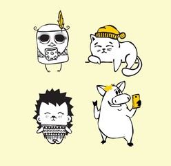 Collection of hipster cartoon character animals cat dog rabbit bear pig and donkey with accessories isolated vector illustration