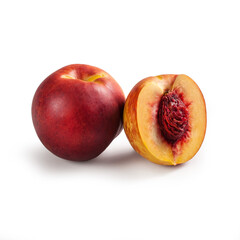 Nectarines, Pair – Two Glossy-Skinned, Smooth, Cut Open, Halved Peach Variety, Red and Yellow – Detailed Close-Up Macro on Red Stone – Isolated on White Background