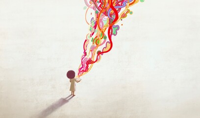 Book of imagination with a girl, Education￼ learning dream hope inspiration concept, surreal painting. Fantasy art, conceptual artwork, happiness of child , 3d illustration