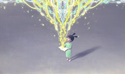 Book of imagination with a girl, Education￼ learning dream hope inspiration concept, surreal painting. Fantasy art, conceptual artwork, happiness of child , 3d illustration © Jorm Sangsorn