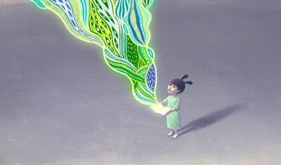 Book of imagination with a girl, Education￼ learning dream hope inspiration concept, surreal painting. Fantasy art, conceptual artwork, happiness of child , 3d illustration