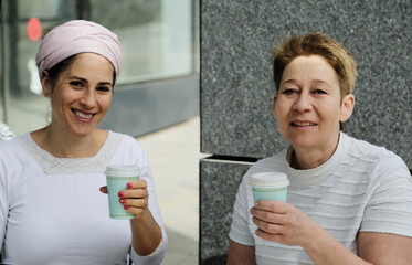 Two women drinking coffee outdoor