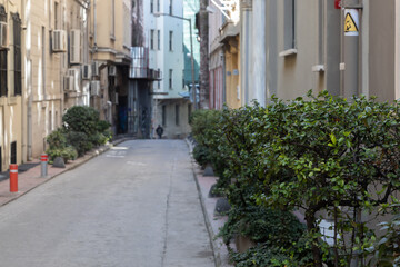 A long shady street in the European part of Istanbul, along which there is a shrub growing. The houses are gray and yellow. Air conditioners hang on the walls.