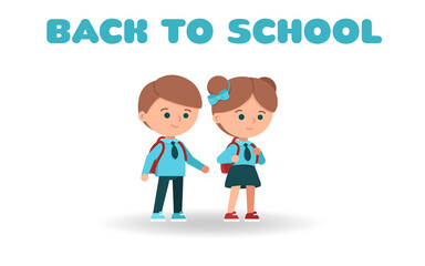Children in school uniforms with backpacks go to school . Back to school .