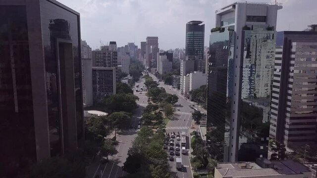 Aerial drone view of empty street in the quarantine of the COVID-19 coronavirus. Faria Lima avenue modern buildings at the lockdown. São Paulo city skyline at the social distancing. Architecture. 4K