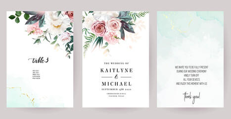 Silver sage green, mint, blush pink flowers vector design spring cards.
