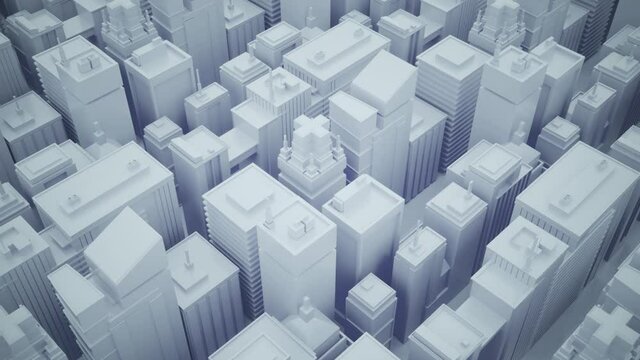 Abstract futuristic city with skyscrapers. Camera moves through abstract isometric city. Seamless loop background