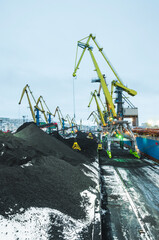 Coal terminal in the port, loading of coal into the holds of bulk carriers.