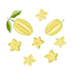 Carambola, star fruit. Whole, slice, leaf. Colorful sketch collection of tropical fruits isolated on white background. Doodle hand drawn fruit icons. Vector illustration