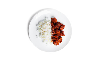 Pork stew with rice on white plate isolated on white background. Goulash with rice. Rice with meat.