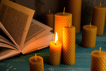 Decorative Easter candles made of beeswax with a honey aroma for interior and tradition burning on the table.