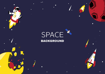 Space background with copy space for text. Astronomy Template Design with planets and astronaut flying on rocket Cartoon vector illustration.