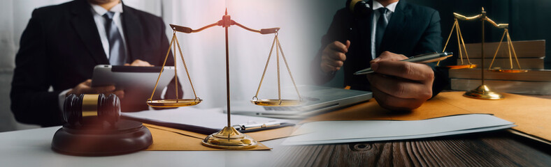 Business and lawyers discussing contract papers with brass scale on desk in office. Law, legal services, advice, justice and law concept picture with film grain effect