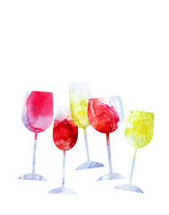 Watercolor abstract wine set with red, white, pink wine glasses