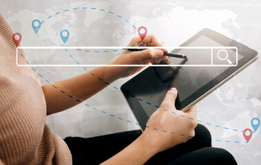 Searching Browsing Internet Data Information with blank search bar.businessman working with smart...