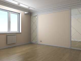 Empty Interior Corner with Plastic Window, Beige Walls, Parquet Floor, White Molding and Two Mirrors. 3d illustration 3840x2880